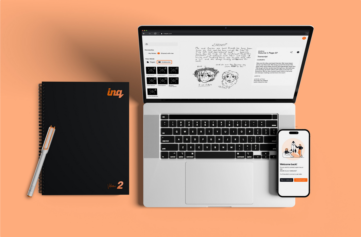 inq writing sets include intelligent ink pen, spiral notebook and app