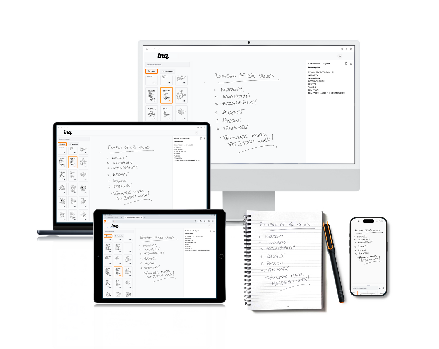 inq writing sets include intelligent ink pen, spiral notebook and app